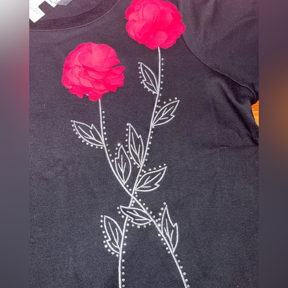 NWT Quacker Factory 1X 3/4 Sleeve T-Shirt w/Pink 3D Flowers Black/Rhinestones - Picture 3 of 12